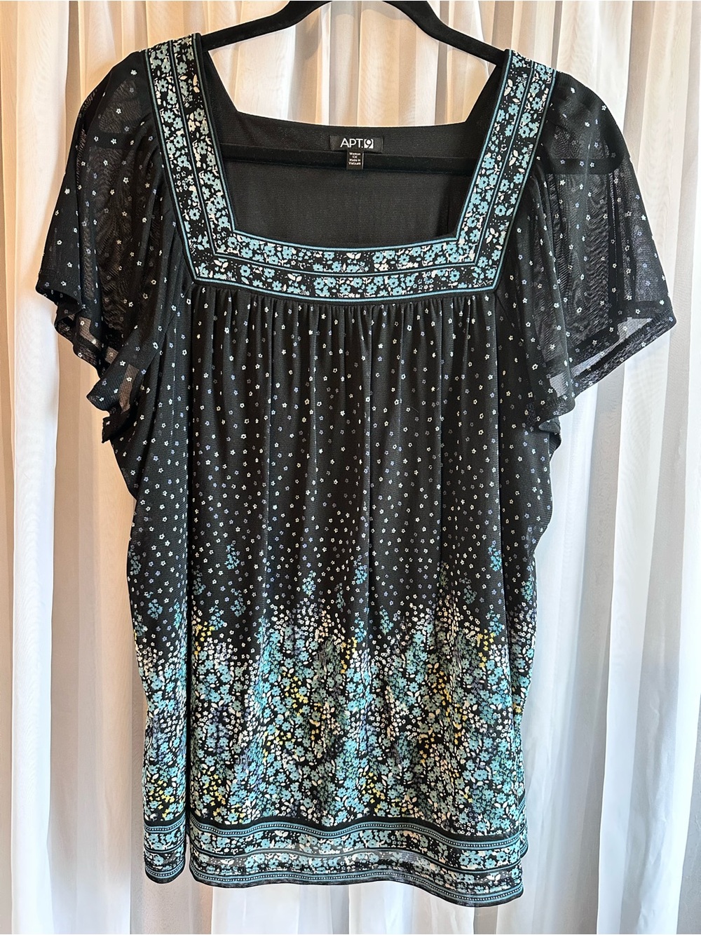 APT. 9 Black Teal Mesh Dainty Floral Square-Neck Flutter Sleeve Top Size 1X